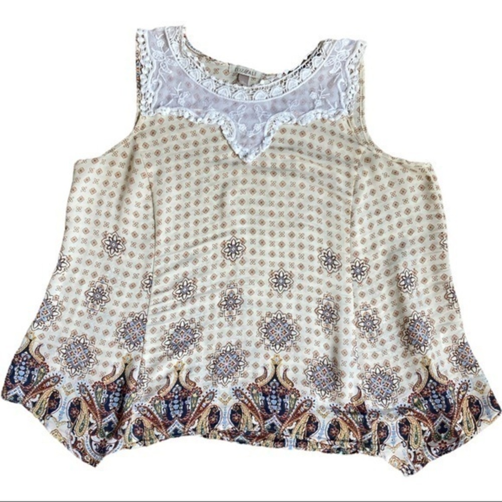 Roz & Ali size Large, sleeveless top flowing , lace like crochet at neckline